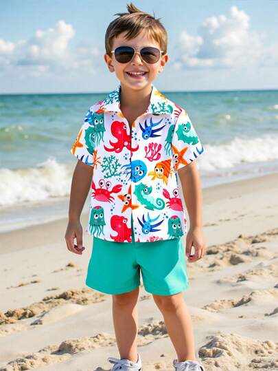 SHEIN Conjunto de 2 piezas de manga corta con cuello Regular para vacaciones, estilo callejero, estampado de dibujos animados para niño joven, informal, para verano