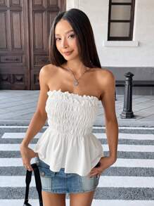 Chiquease 可爱荷叶边下摆纯色抹胸上衣