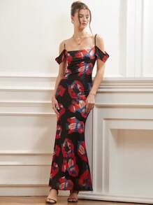 GENKIRA French Fashion Elegant Sexy Low-Cut Cold Shoulder Sling Dress With Wrap Collar, Waist Fitted And Hemline Flared, Tie Dye Print, Suitable For Beach Vacation All Over Print  For Summer - Multicolor - View 4