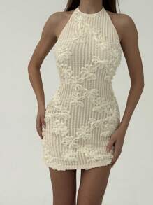 Aloruh Backless Knit Jacquard Halter Dress For Women