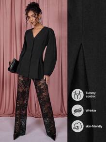 COSMINA Women's Solid Color Sheer Lace Pants, Casual Daily Wear - Black - View 5