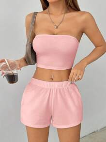 SHEIN PETITE Women's Solid Color Casual Two Pieces Set - Pink - View 4