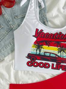 Swim Lushoire Springbreak Racerback Print Bikini Top For Summer Beach Vacation - Orange - View 3