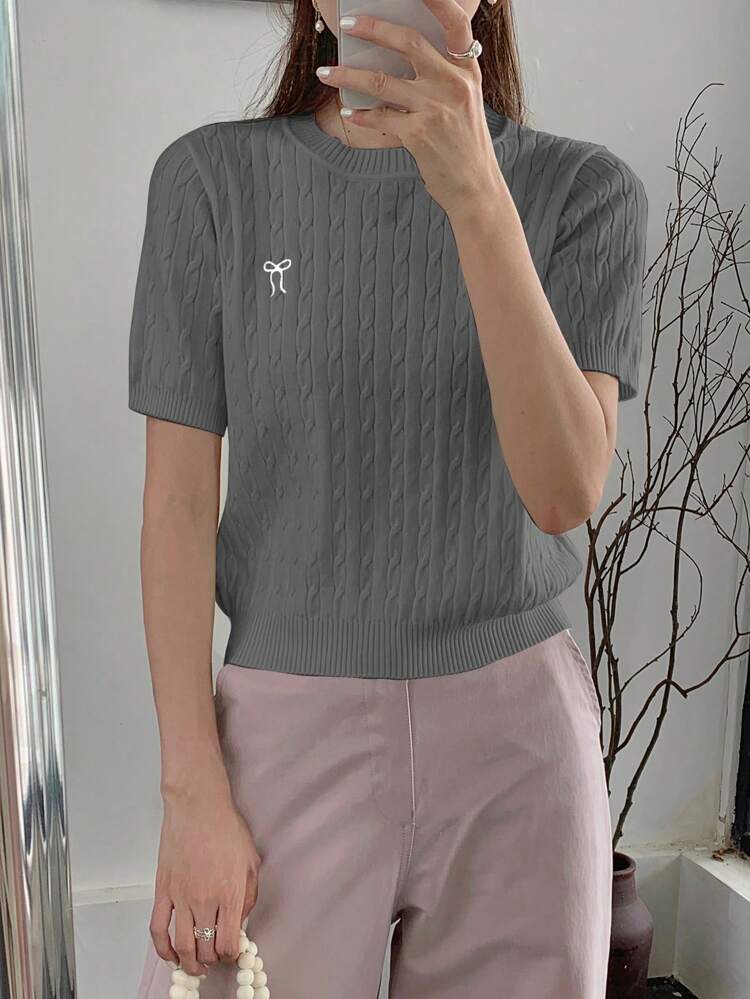 Top de manga corta de punto con lazo, minimalista y de moda para mujer