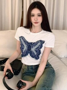 DAZY 女式圆领短袖透视T恤、短款上衣 - 白色 - 查看 8