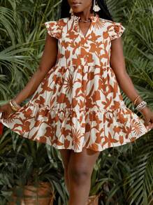 Slaydiva 新款春夏休闲度假小立领+V领飞褶盖袖多层蛋糕裙下摆杏色底橙花迷你裙女迷你连衣裙-M