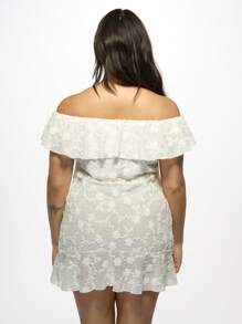 MISSGUIDED PLUS Plus Size Off-Shoulder Ruffle Mini Dress Summer Vacation Beach Resort Wear Ruffled Bardot Neckline Semi-Sheer Flirty Evening Party Dress - White - View 2