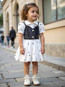 2 Pieces Baby Girl Casual Cute Bow Pattern Dress And Single-Breasted Denim Vest Set