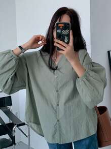 DAZY Solid Drop Shoulder Button Through Shirt,Fall Clothes Preppy Tops Long Sleeve Top - Green - View 6