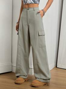 SHEIN EZwear 女式春夏 Y2K 时尚街头装工装绿色带口袋宽腿宽松降落伞裤 - 薄荷綠 - 查看 5