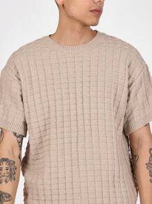 SUMWON Textured Knit Short Sleeve Sweater, Regular Fit Casual Knitwear, Square Pattern Summer Top, Classic Everyday Pullover For Spring, Light Weight Knitted T-Shirt Style - Apricot - View 5