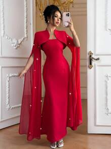 Rafferiza 2 piezas Vestido elegante rojo de mujer de tubo con tirantes de espagueti, decoración de cuentas, tren y capa desmontable - Rojo - Ver 1