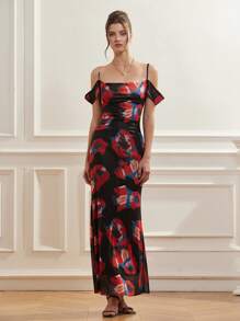 GENKIRA French Fashion Elegant Sexy Low-Cut Cold Shoulder Sling Dress With Wrap Collar, Waist Fitted And Hemline Flared, Tie Dye Print, Suitable For Beach Vacation All Over Print  For Summer - Multicolor - View 6