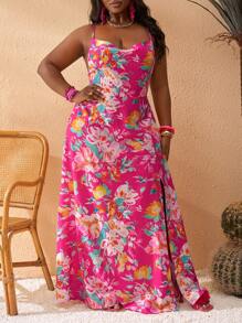 Slaydiva Plus Size Women's Boho Maxi Dress: Pink Floral Print, Sleeveless With Cowl Neck And High Slit - Multicolor - View 4