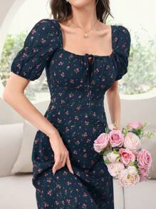 Modelyn 女士方领碎花开衩节日夏季短袖连衣裙长款晚礼服 - 藏蓝色 - 查看 3