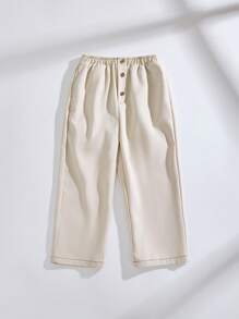 SHEIN Young Boys Basic Casual Style Elastic Waist Pants With Animal Print Pocket And Wooden Button, White Twill Fabric - White - View 3