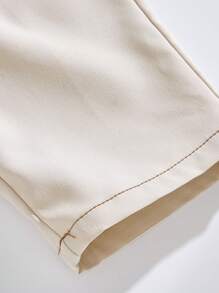 SHEIN Young Boys Basic Casual Style Elastic Waist Pants With Animal Print Pocket And Wooden Button, White Twill Fabric - White - View 5