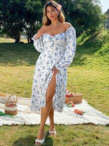 Flirla 加大码修身款方领碎花腰部收腰开衩袖口连衣裙