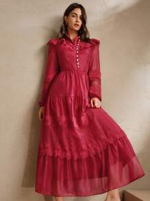 Anewsta Vestido elegante de longitud media con cuello bordado con flores para mujer, primavera/otoño