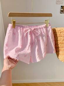 Comfortcana Summer Elegant Stripe Print Sweet Pink Bow Striped Low Waisted Elastic Shorts - Pink - View 7