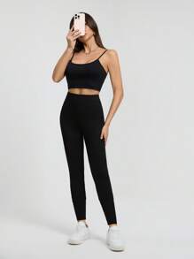 SHEIN Tall Solid Color Casual Sports Knitted Tight-Fitting High-Elastic Wide Ribbed Textured Leggings For Women - Black - View 4