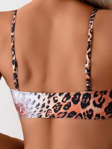 SHEIN Swim 2 件套女式 Springbreak 随机印花抹胸上衣和高腰性感短裤成人沙滩比基尼套装 - 彩色 - 查看 5