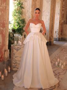 Glamrae Elegant And Gorgeous White Luxurious Satin Lotus Leaf Decoration V-Tie Chest Cup High Waist Slimming Super Large Skirt Suitable For Wedding Festival Bride Formal Occasion Wedding Dress - White - View 2