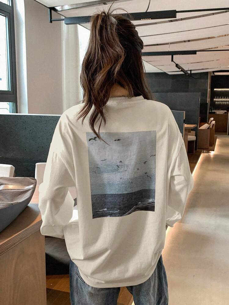 Women's Back Printed Beach Long Sleeve T-Shirt