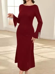 Modelyn 女士拼色露背修身迷你连衣裙长款晚礼服 - 酒紅色 - 查看 2