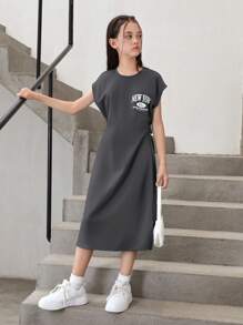 SHEIN Tween Girl 宽松休闲背印花开衩圆领落肩中长连衣裙 - 深灰色 - 查看 2