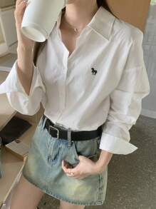 DAZY 女式秋季马图案落肩长袖单排扣休闲宽松衬衫，秋季女装 - 白色 - 查看 7