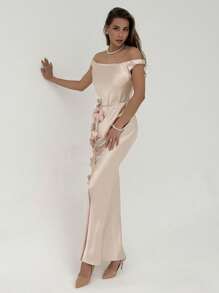 Aloruh Vestido de flores con hombros descubiertos y cinturón con sash para mujer, para boda/temporada
