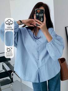 DAZY Women Fashionable Loose All-Match Solid Color Shirt For Everyday Wear,Fall Clothes Long Sleeve Top - Blue - View 5