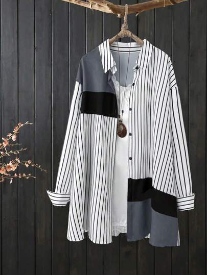 EMERY ROSE Plus Size Women Contrast Color Block Striped Blouse For Autumn Women Shirt Fall