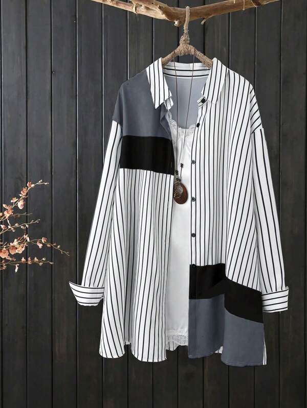 EMERY ROSE Blouse à rayures et blocs de couleurs pour femmes grandes tailles pour l'automne