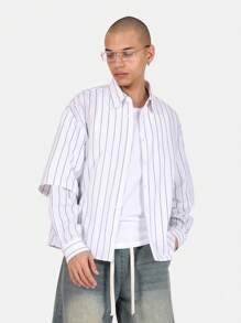 SUMWON Chemise boutonnée surdimensionnée en coton mélangé à rayures verticales, style classique décontracté de bureau, porter au printemps et à l'été, col classique, manches longues - Blanc - Voir 2