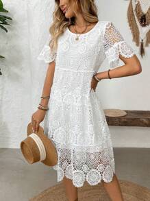 Breezaya Váy hở vai ren cắt xẻ giữa bắp chân cho kỳ nghỉ giản dị dành cho nữ - trắng - Xem 5