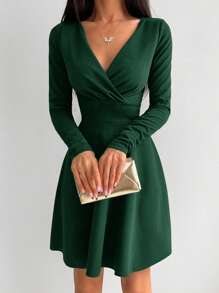 EURMUSE Solid Surplice Neck Dress - Green - View 4