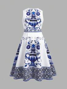 SHEIN Clasi Spring/Summer Plus Size Women Sleeveless Gathered Waist Flared Hem Dress With Pockets, Blue & White Floral Print, Elegant Daily Wear - Blue and White - View 5
