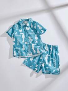 SHEIN Kleine Jungen Set mit blau bedrucktem Kurzarmhemd und weiten Shorts - Blau - Übersicht 6