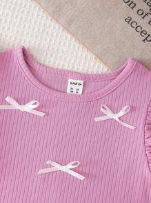 SHEIN 3pcs/Set Young Girls Short Cap Sleeve Bowknot Ribbed Snap Button Bodysuit - Multicolor - View 7