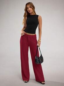 SHEIN BAE 女式杏色纯色亚麻休闲阔腿裤，低腰，适合日常、度假、办公室、春夏季 - 酒紅色 - 查看 1
