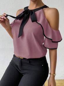 Chiquease Women's Elegant Commuting Color Contrast Tie Neck Off Shoulder Ruffle Blouse - Purple - View 6