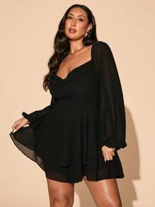 SHEIN PETITE CURVE 大码女式长袖日常/节日/约会/派对宽松垂坠领褶皱开衩黑色纯色A字型缎面甜美性感度假连体衣 - 黑色 - 查看 4