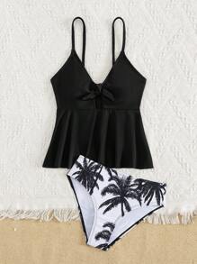 Tween Girls Tankini Bathing Suit ,Solid Ruffled Camisole Top With Coconut Tree Print Bikini Bottom - Black - View 3