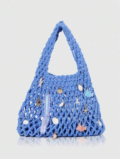 Fairycore 1pc Fashionable Personalized Spring/Summer Beach Vacation Style Orange Ocean Woven Beach Bag, Large Size Women Handbag