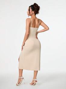 SHEIN PETITE Women Solid Color Ruched Midi Slip Dress With Slit - Apricot - View 3
