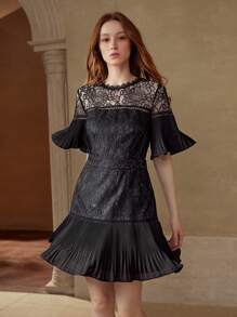MOTF PREMIUM CONTRAST LACE ZIPPER DRESS - Black - View 6