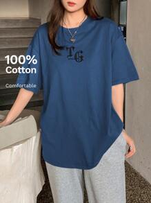 DAZY 夏季短袖超大T恤，带字母印花，学院风上衣