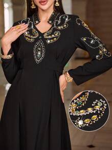 Layrah Women's Elegant Long Sleeve V-Neck Rhinestone Decorated Arabic Style Long Dress - Black - View 1